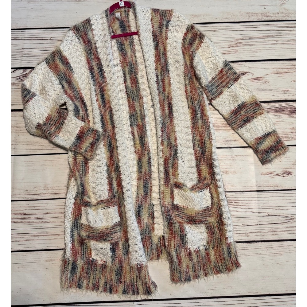 L Love Womens 3XL Multi Color Striped Popcorn Eyelash Knit Long Cardigan Sweater